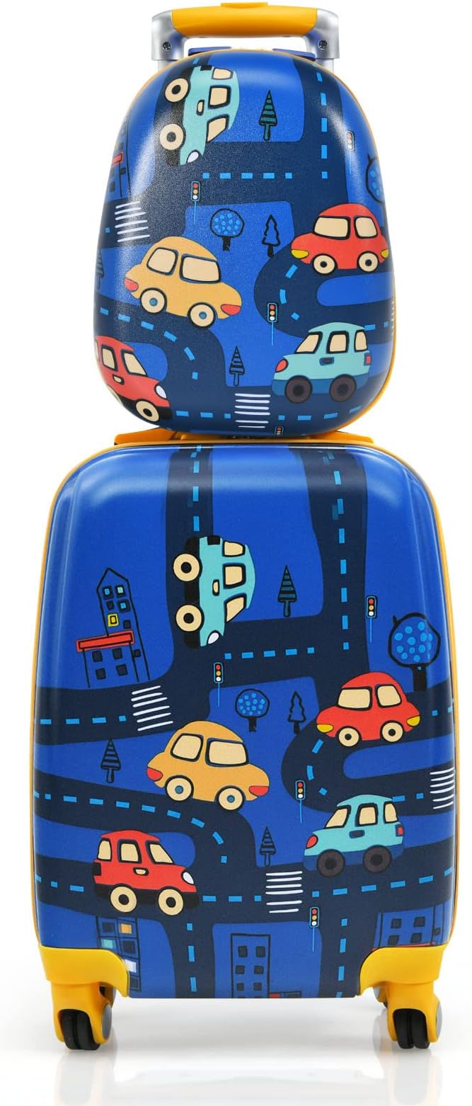 Goplus Kids Luggage Set, 12" & 18" Kids Carry On Luggage Set, Multi-directional Wheels Suitcase, Large Capacity Rolling Trolley Suitcase, Gift for Boys and Girls Toddlers Children Travel