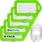 BlueCosto - Luggage Tags - Green, 10 Pack - Suitcase Tags with Name ID Card & Heavy-Duty Metal Wire Loops - Bright Colored PVC Identifiers for Travel Baggage - Backpack Name Labels