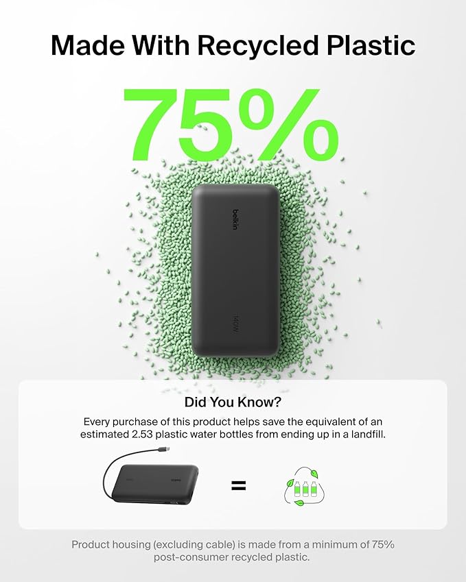 Belkin Portable Charger 25K, Power Bank with Integrated USB C Cable, 158W - Fast Charging Laptop Portable Battery Pack for MacBook Pro 14, iPhone 17 Series, iPad Pro, Galaxy S26, & More - Black
