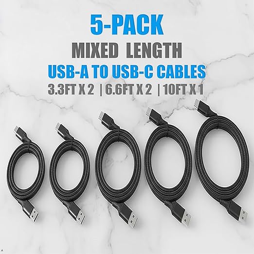 USB-A to USB-C Cable 5 Pack – 3A Fast Charging (QC 3.0), Mixed Length 3.3/6.6/10 ft, Nylon Braided, Compatible with iPhone 15/16/17, Galaxy S24/S23, Pixel & USB-C Devices