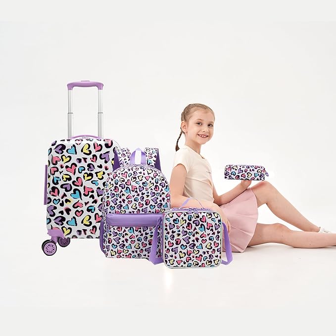 Kids Luggage with Spinner Wheels 5 Piece Carry on Suitcases for Girls Backpack with Lunch Box Pencil Case 16" Toddler Suitcase Set Airline Approved (Bainbow Leopard)