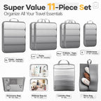 Veken 11 Set Compression Packing Cubes for Travel Essentials,Compressible Expandable Large Luggage Suitcase Organizer Bags for Clothing,Durable Space Saver Storage Bags with Toiletry Bags(Gray)