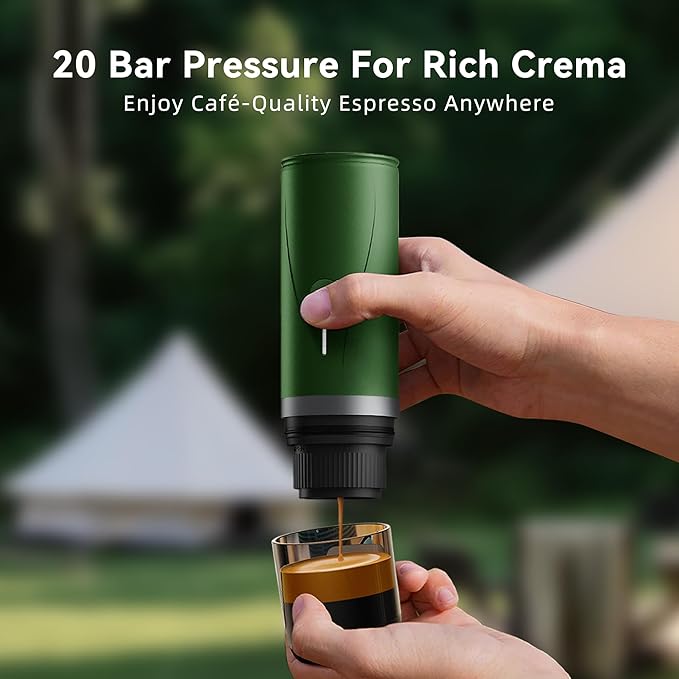 Portable Espresso Maker,Self-Heating Electric Mini Coffee Machine,Up to 20-Bar Pressure,Compatible with NS Capsules & Fine Grind,Coffee Maker for Outdoor Camping,Hiking,RV & Car, travel (Green)