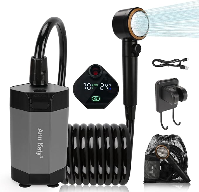 Ann Katy Portable Camping Shower Outdoor Camp Shower Pump,Upgrade Rechargeable Electric Shower Pump with Intelligent Digital Display Multiple Spray Modes for Camping, Hiking, Traveling,RV