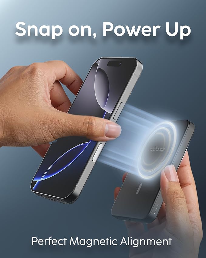 myCharge CliqAir 5000mAh Magnetic Power Bank – Ultra-Thin 0.3" Design | 15W Qi2 Fast Wireless Charging | 20W PD USB-C Port | Powerful Magnetic Hold | Perfect for Travel, Work, or Everyday Use | Black