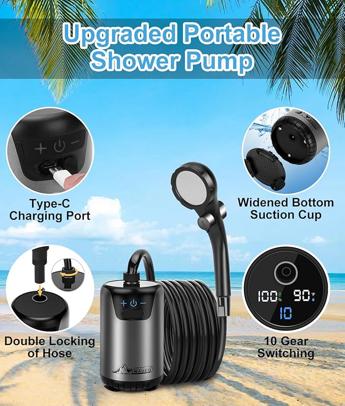 WADEO Portable Shower, 6000mAh Rechargeable Camping Shower Pump with 10 Spray Modes, Fahrenheit Display, IPX7 Waterproof, Ideal for Outdoor Camping, Travel, Car Washing, Pet Bathing (Silver Gray)