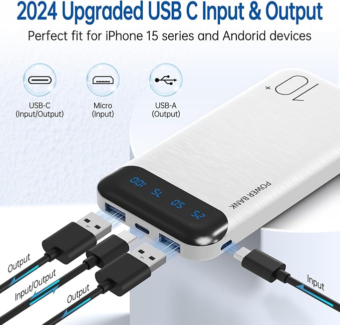 Power Bank 10000mAh Portable Charger Slim External Battery Pack with 2 USB 2.4A Outputs and USB C in/Out Compatible with Huawei iPhone 16 15 14 13 12 iPad Samsung Galaxy S20 Android Tablet (White)