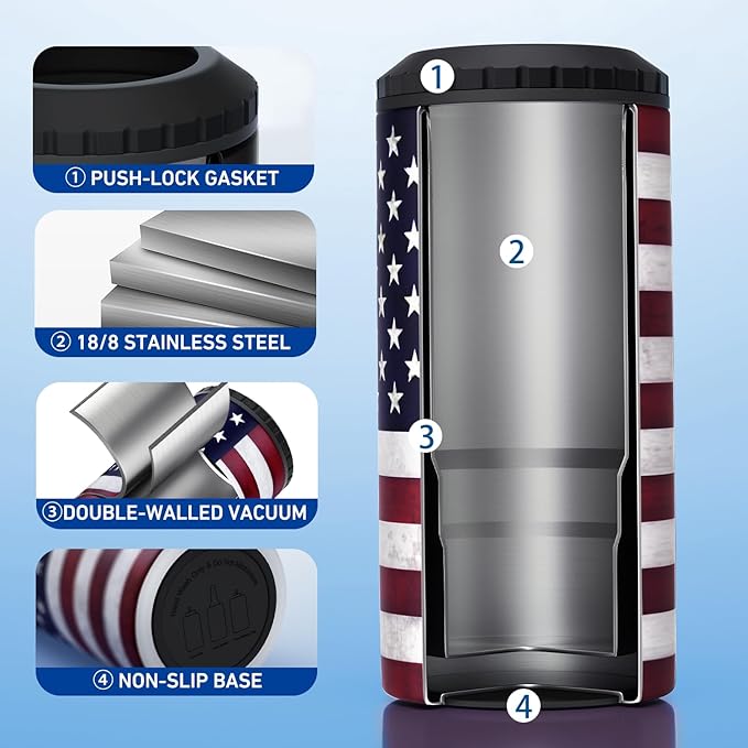 3 in 1 Slim Can Cooler for 12 OZ Skinny Can, Regular Can & Beer Bottle - Keep Cold for 6 Hours - Double Walled Insulated Stainless Steel Vacuum Beverage Insulator (US Flag)