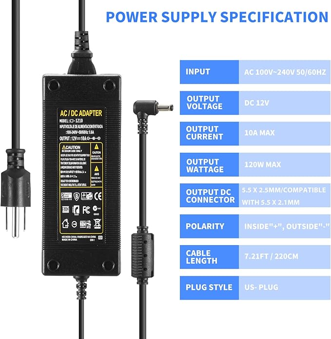12V 10A Power Supply 120W 100V~240V AC to DC Adapter Converter Transformer,12 Volt 10 Amp Power Supply Adapter with 5.5mm x 2.5mm&2.1mm DC Output Jack for 12V Printe LED Strip Light CCTV Camera