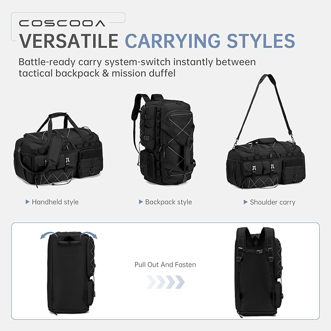 Gym Bags for Men with Shoe Compartment 60L Tactical Duffle Bag 3 in 1 Carry on Duffel Bag Travel Backpack Weekender Overnight Range Bag for Workout Football, Black