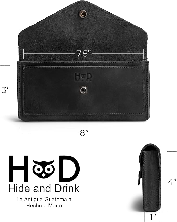 Hide & Drink, Full Grain Leather Large Female Wallet, Travel Organizer for Women, Vintage Money and Card Holder, Handmade, Charcoal Black