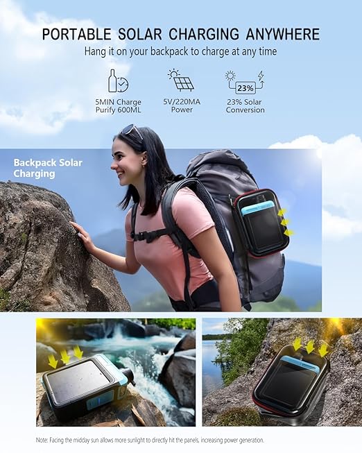 BKLES 3-in-1 Solar Electric Water Filter with Hand Pump - Camping Water Filtration System Survival, Portable Water Purifier with Emergency Light, Survival Kit for Backpacking, Birthday Gifts for Men