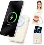 5-in-1 Magnetic Wireless Power Bank, 5000mAh Portable Charger with LED Mirror, Phone Stand, Card Holder & Bluetooth Remote, 20W Fast Charging for iPhone & Android, Travel Essential for Women, Khaki