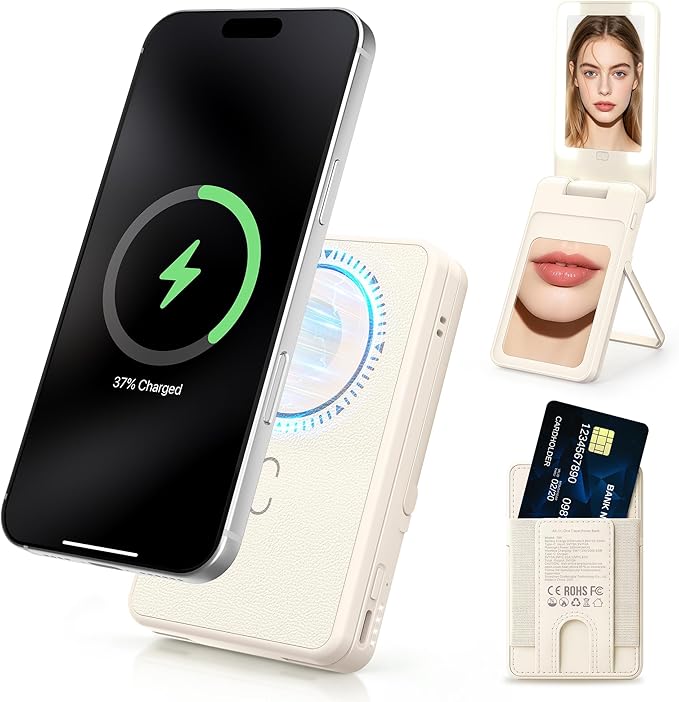 5-in-1 Magnetic Wireless Power Bank, 5000mAh Portable Charger with LED Mirror, Phone Stand, Card Holder & Bluetooth Remote, 20W Fast Charging for iPhone & Android, Travel Essential for Women, Khaki