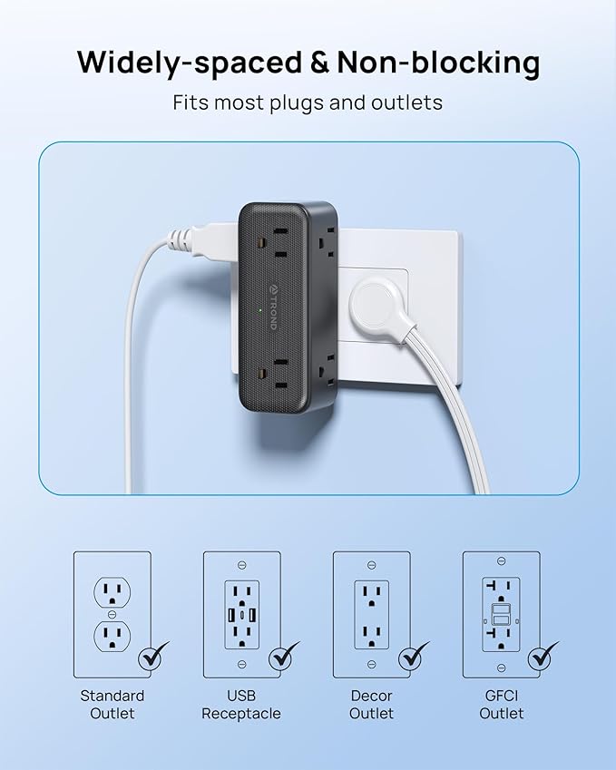 TROND 6-Outlet Wall Extender with 360° Rotating Plug, 3-Way Surge Protector Outlet Splitter with 2 PD20W USB-C & 2 USB-A Ports, 900J, Compact Plug Adapter for Tight Spaces in Home, Kitchen, Bathroom