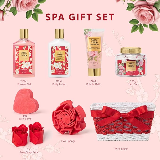 Gifts for Women, Gift Basket - 9 Pcs Rose Bath and Body Gift Basket Set, Spa Gift Set with Shower Gel | Pampering Spa Gift for Christmas, Birthday, Valentines Day, Mothers Day Gift Sets for Mom