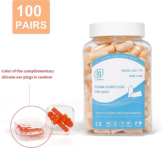 LYSIAN Slim Fit Foam Ear Plugs for Small Ear Canals, 100 Pairs 35dB SNR Noise Reduction Earplugs for Work, Travel and Discreet Daily Use, Women, Teens, Beige