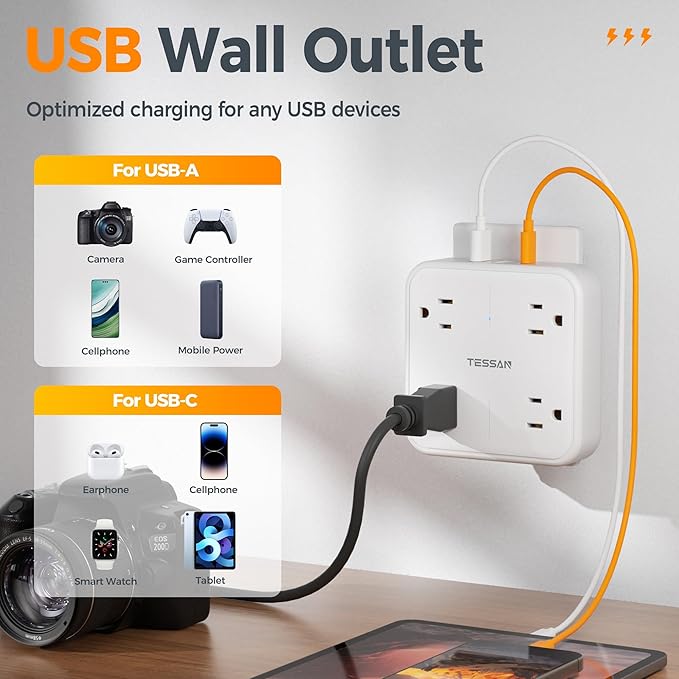 TESSAN Multi Plug Outlet Extender, Surge Protector Splitter with 3 USB (1 USB C Port) Wall Charger, Multiple Expander for Travel, Home, College Dorm Room, White