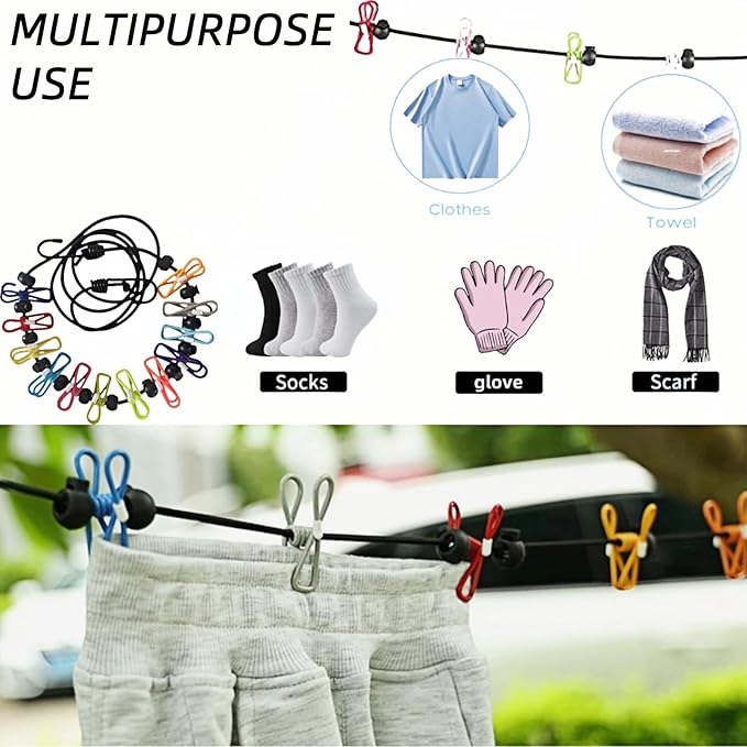Retractable Travel Clothesline, with 12 Clips, for Laundry Drying, Compact for Camping Hotel Home