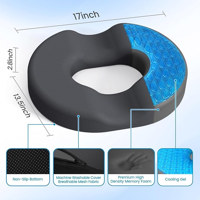 Donut Pillow Seat Cushion - Cooling Gel Donut Chair Cushions, Memory Foam Seat Cushion for Office & Home, Car Seat Cushion and Butt Pillow, Hemorrhoids Pillow and Tailbone Pain Relief, Grey