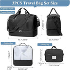 Travel Duffel Bag for Women, Carry-on Overnight Weekender Bags with Wet Pocket & Toiletry Bag, For Spirit Airlines 18x14x8 Personal Item Bag,3 Pcs Set,Small,Black