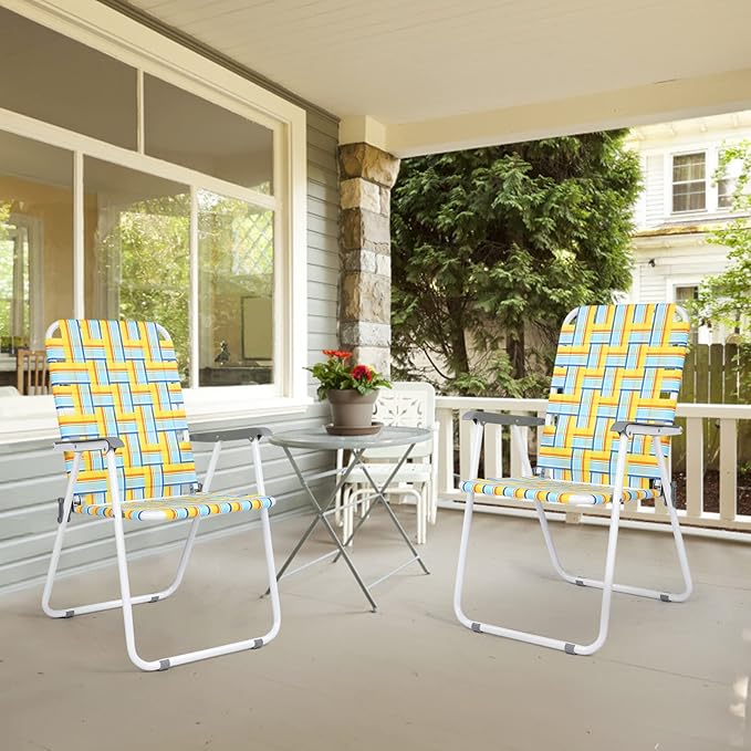VINGLI Patio Lawn Webbed Folding Chairs Set of 2, Outdoor Beach Chair Portable Dining Chair for Outdoor Yard, Garden (Yellow, Classic)