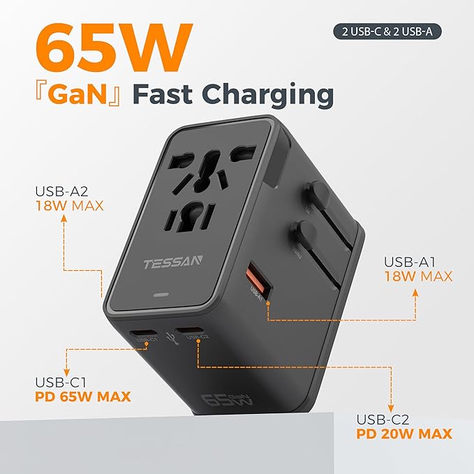 TESSAN Universal Travel Adapter, 65W International Power Adapter with 4 USB Charging Ports (2 USB C), Worldwide Plug Adaptor for US to Europe UK Italy Spain France Ireland Australia (Type C G A I)