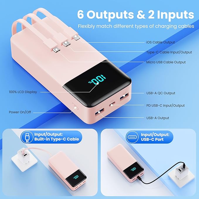 Portable Charger 50800mAh Power Bank with 3 Built in Cables,25W PD QC4.0 Fast Charging USB C Battery Pack,6 Outputs 2 Inputs Travel Essentials Phone Charger for iPhone 17/16/15,Google,Android,Pink