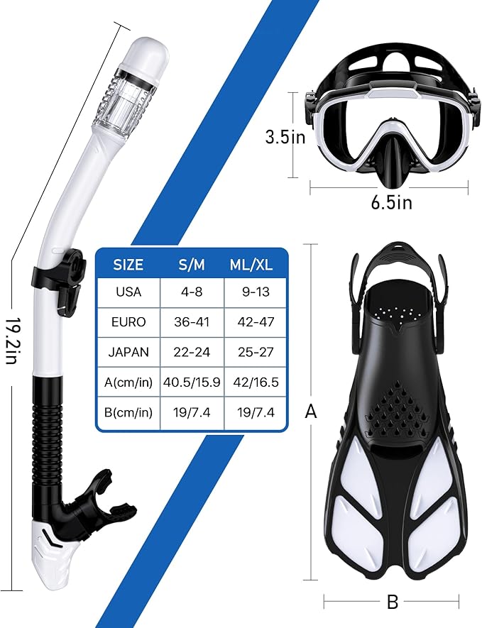 Ubekezele Snorkeling Gear for Adults Men Women,4 in 1 Snorkel Set with Panoramic View Diving Mask Anti-Fog Anti-Leak,Dry Top Snorkel,Fins and Travel Bag for Swimming,Snorkeling and Travel Diving