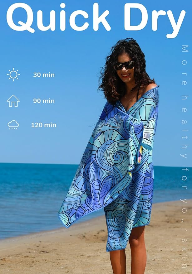 Thin Lightweight Microfiber Beach Towel Sand Free Quick Dry Absorbent Compact Towels for Swimming Pool Camping Beach Accessories Large Easy Pack Travel Things for Vacation Essentials Adult Gift