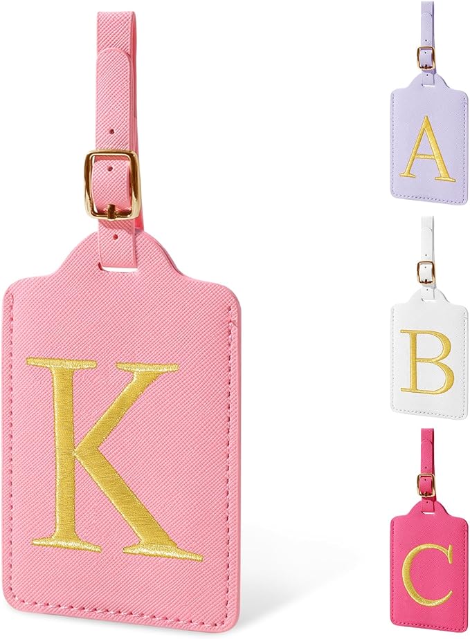 Personalized Initial Luggage Tags for Suitcase, Pink Leather Cute Luggage Tags with Privacy Cover Name Card, Embroidered Custom Monogrammed Luggage Tag Travel Bag Baggage Tags Gifts for Women Kids(K)