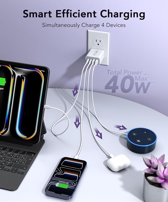 3 Pack Fast Charging Block, 40W 4-Port Charger Cube Power Brick Plug Box Base Adapter for iPad/Pro/Mini, Compatible with iPhone 13/14/15/16/17,Galaxy, Motorola,Sony, Google Pixel, Tablet
