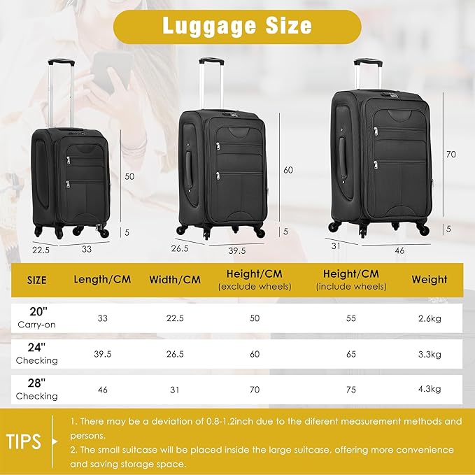Lightweight Expandable Softside Luggage Sets 3 Piece, Large Capacity Travel Suitcase with Spinner Wheel, TSA Lock, Easy Access Design and Adjustable Telescoping Handle (Black)
