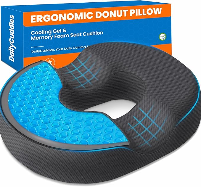 Donut Pillow for Tailbone Pain, Hemorrhoids - Cooling Gel Memory Foam Chair Seat Cushion for Office, Home & Wheelchair, Ergonomic Chair Pad for Pregnancy, Sciatica, Coccyx (XL, Grey)