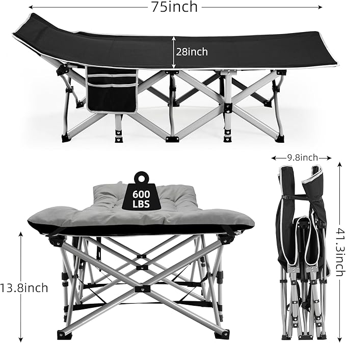 Fragess Portable Camping Cot, Sleeping Cots for Adults, 28" Extra Wide Folding Cot Max Load 600LBS with Thick Mattress, Portable Camping Bed for Outdoor Camp/Office, Home Nap (Black+Grey)