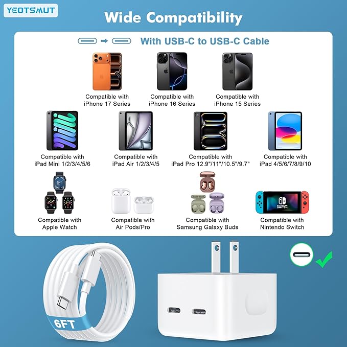 USB C Charger Block, 35W Dual USB-C Port Compact Power Adapter for Phone 17/16/15/14/13/15 Pro/Pro Max/Plus/XS/XR/X,Galaxy, Pixel,i Pad, AirPods, MacBook Air and More