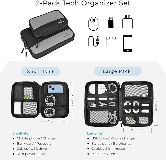 MATEIN Cord Organizer Travel Case 2 Pack, Water Resistant Tech Organizer Pouch for Small Electronic Accessories, Portable Electronics Case Carrying Bag for Cable, Changer, Earphone & Power Bank