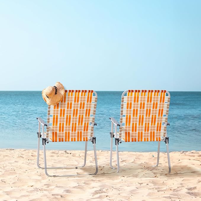 Folding Patio Lawn Webbed Chair Set of 2, Portable Outdoor Beach Chair for Adults, Camping Chair Steel Frame 300lbs Capacity for Yard, Garden Dining, Party, Picnic, 20.7" Seat Width