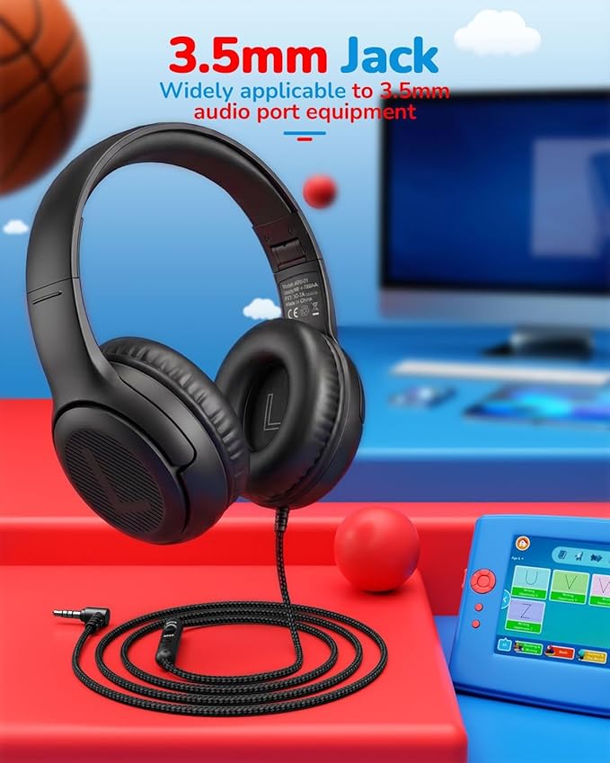awatrue Kids Headphones for School Travel, 85/94dB Safe Volume Limit, 3.5mm Jack, HD Mic, Portable Wired Headphone with Shareport, Stereo Sound On-Ear Headphones for Toddler Kids Girls Boys Black