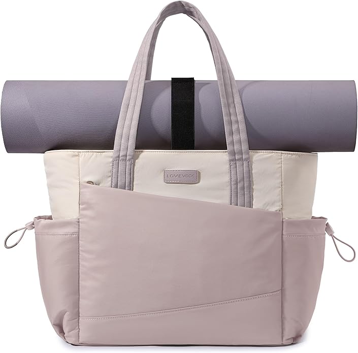 LOVEVOOK Gym Tote Bag for Women, Puffy Yoga Mat Bag with Large Cup Holder & Wet Pocket, Work Nurse Bag for Travel Workout