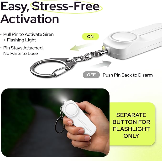 Weten Personal Safety Alarm Keychain - 130dB Siren, LED Light, Panic Pin – Compact Self-Defense Device and Emergency Whistle Alternative for Women, College, Travel, and Night Walk Protection (White)