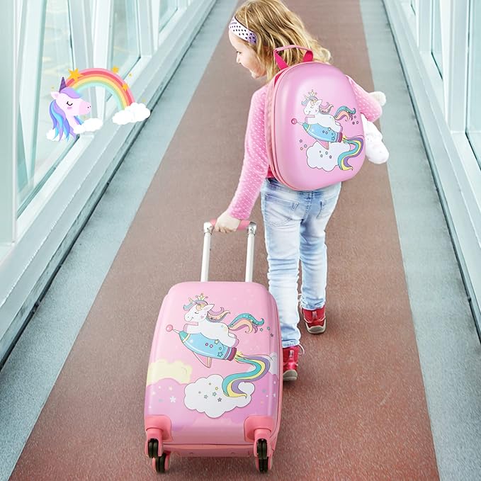 Goplus Kids Luggage Set, 12" & 18" Kids Carry On Luggage Set, Multi-directional Wheels Suitcase, Large Capacity Rolling Trolley Suitcase, Gift for Boys and Girls Toddlers Children Travel