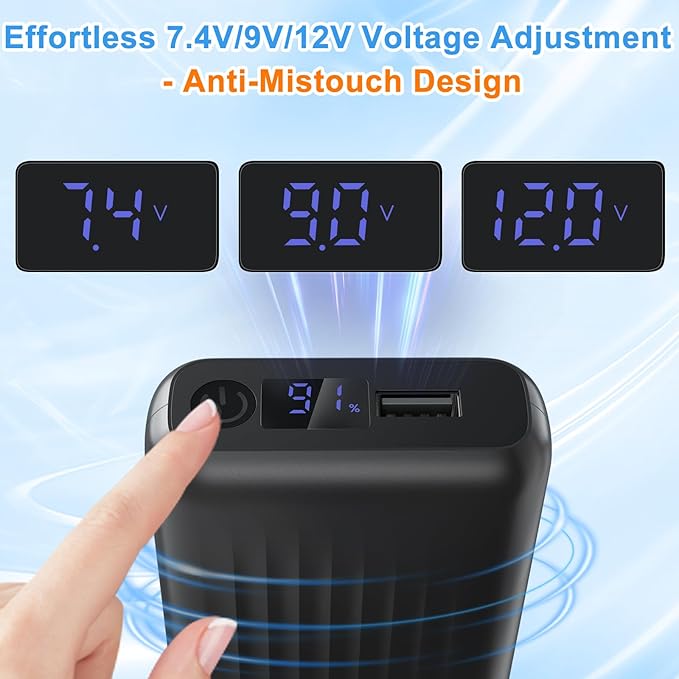 Battery Pack for Heated Vest，Heated Vest Battery Pack 18400mAh 5V, 7.4V, 9V, 12V Rechargeable Power Bank for Heated Vest, Heated Jacket with DC/USB/Type-C Output LED Display
