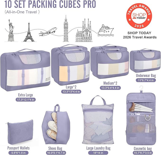 Veken 10 Set Packing Cubes for Travel Essential, Suitcase Organizer Bags in 4 Sizes, Carry-On Luggage Accessories with Large Laundry & Hanging Toiletry Bag, Must-Have for Airplane, Road Trip & Camping