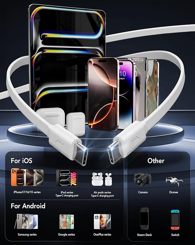 Retractable USB C Charger Wall Plug with 35.5in/90cm Type C Cables Cords,40W Fast Charging Foldable Block Multi Charger for All Devices for iPhone 17/16/15/14/13/12,iPad,Galaxy,Pixel