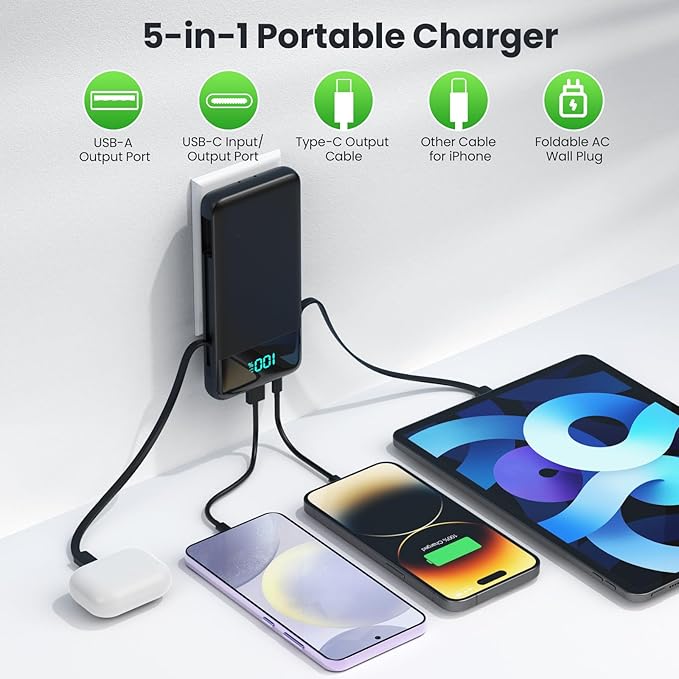 Portable Charger with Built-in AC Plug and Cables,13800mAh All in One USB C Fast Charging Power Bank,Travel Essentials Portable Phone Charger Battery Pack for iPhone 17/16/15/14/13,Galaxy,Android etc
