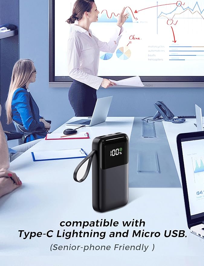 Power Bank, 15000mAh Portable Charger with Built in Cable, 22.5W Fast Charging, 6 Outputs, Slim Travel Essential Battery Pack with LED Display, Compatible with iPhone 17/16/15/14/13, iPad Black