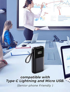 Power Bank, 15000mAh Portable Charger with Built in Cable, 22.5W Fast Charging, 6 Outputs, Slim Travel Essential Battery Pack with LED Display, Compatible with iPhone 17/16/15/14/13, iPad Black