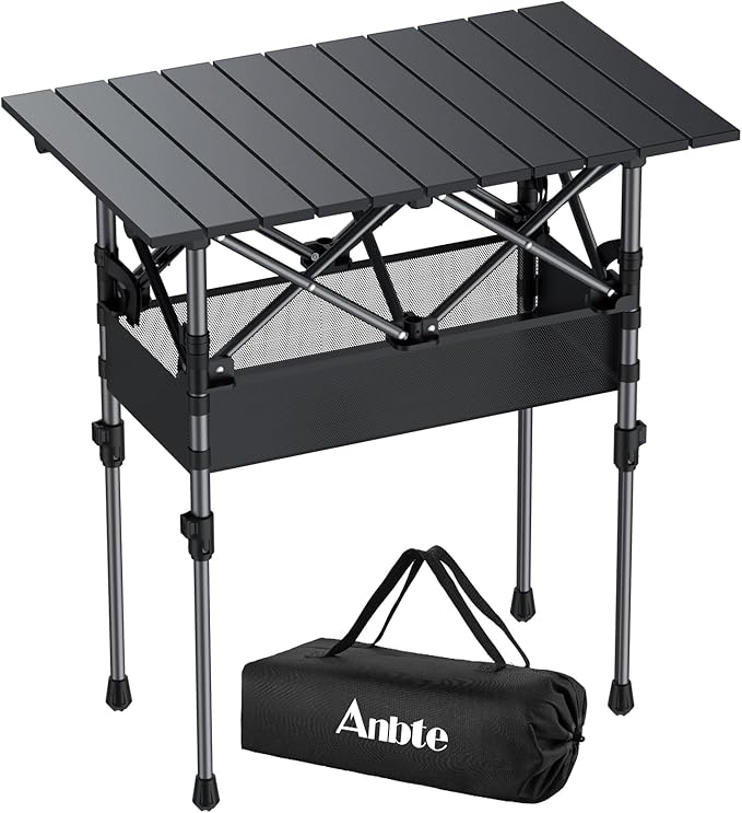 Anbte 2ft Small Roll Up Camping Table, 2 Adjustable Height Aluminum Portable Camping Table with Storage Net & Bag, Lightweight Waterproof Folding Table for Indoor Outdoor BBQ Picnic, 25” X 16”, Black