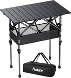 Anbte 2ft Small Roll Up Camping Table, 2 Adjustable Height Aluminum Portable Camping Table with Storage Net & Bag, Lightweight Waterproof Folding Table for Indoor Outdoor BBQ Picnic, 25” X 16”, Black